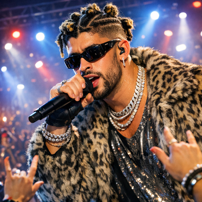 Super Bowl Bad Bunny close-up performance shot