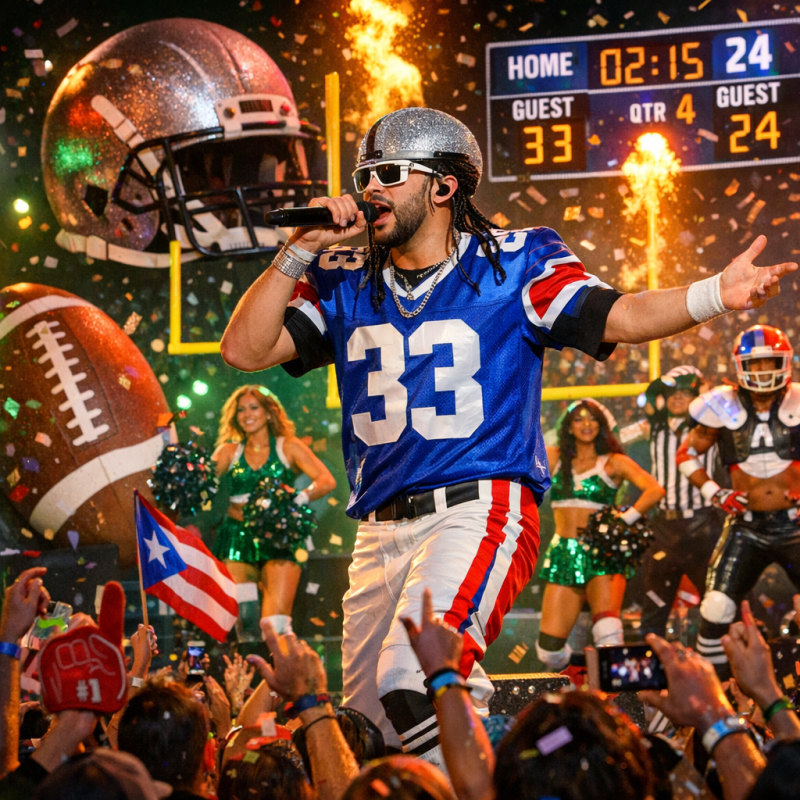 Super Bowl Bad Bunny performing live with a vibrant crowd