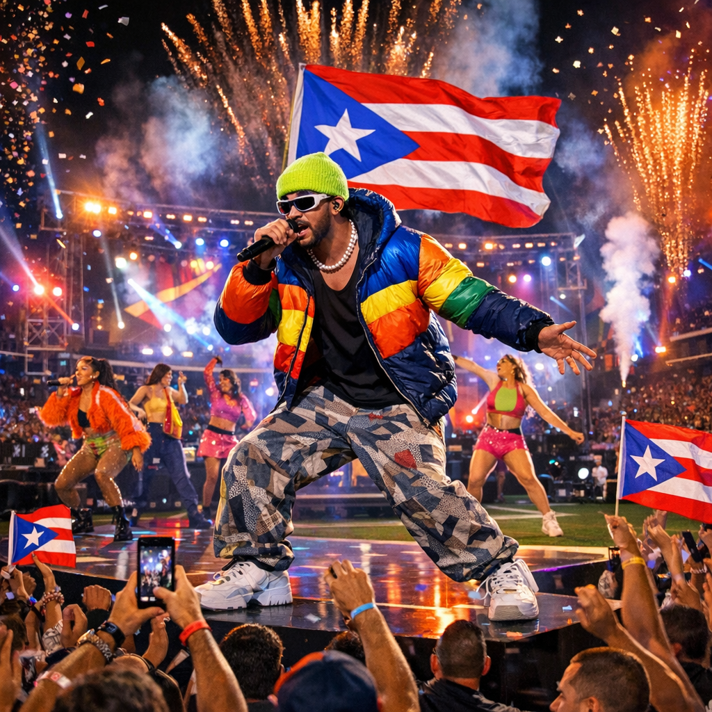 Bad Bunny Super Bowl performance with vibrant lights and crowd