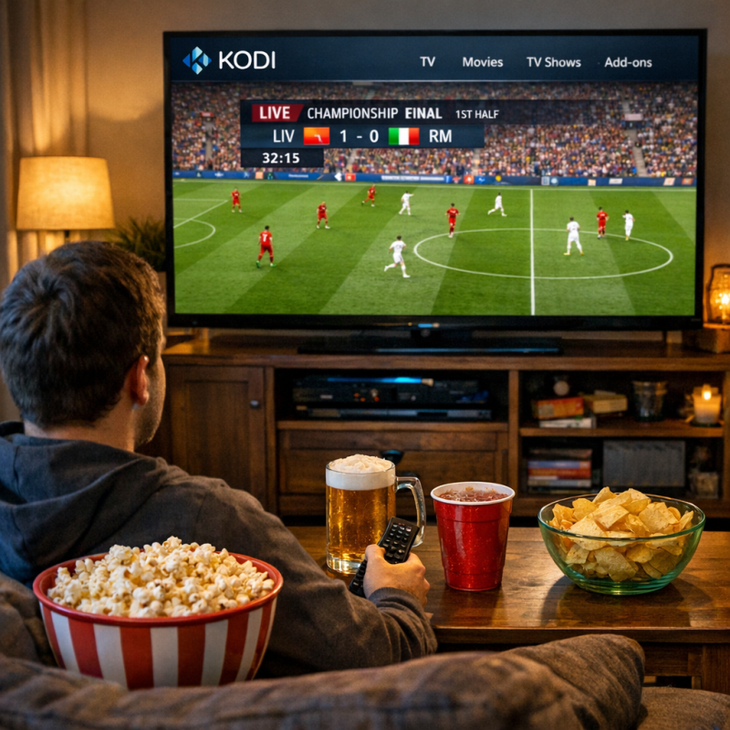 Person enjoying live sports streaming on Kodi with snacks