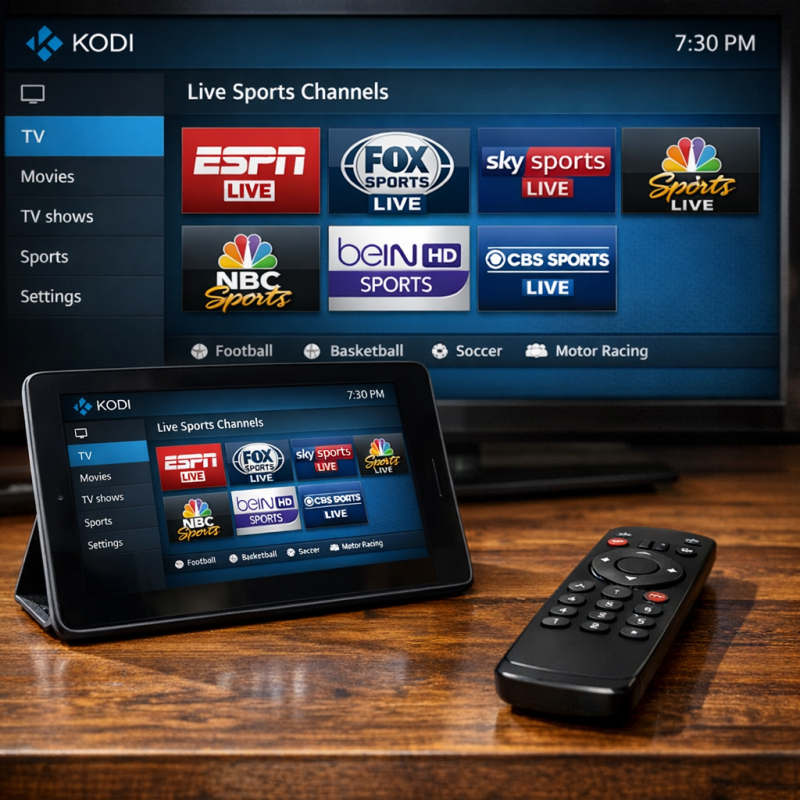Kodi interface showing live sports channels for streaming