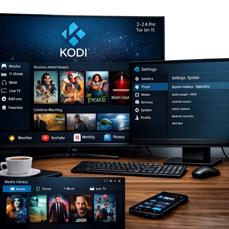 Kodi.tv interface showcasing media library and settings