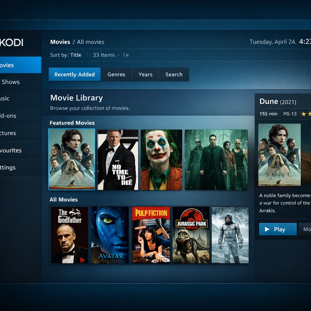 Kodi movies user interface with movie library
