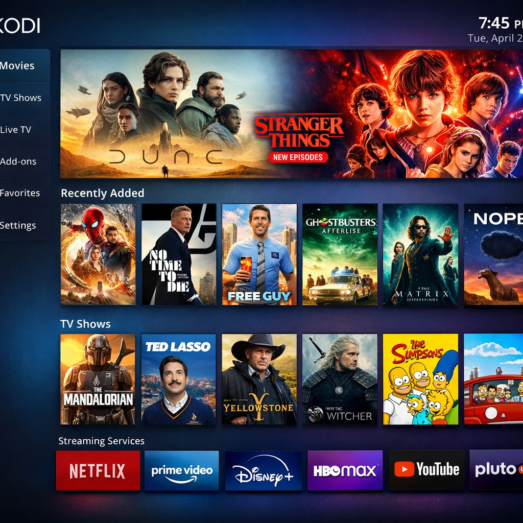 Kodi addons for movies and TV shows on a colorful interface