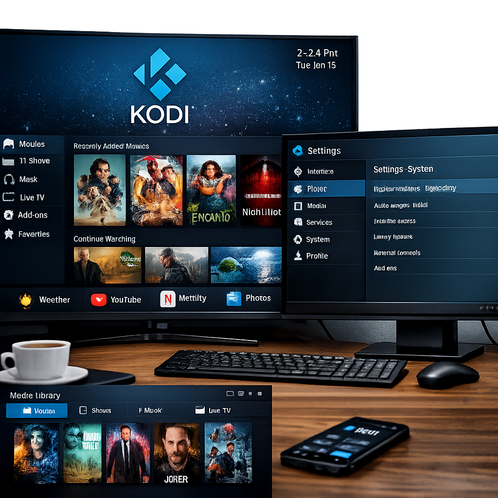 Kodi.tv interface showcasing media library and settings