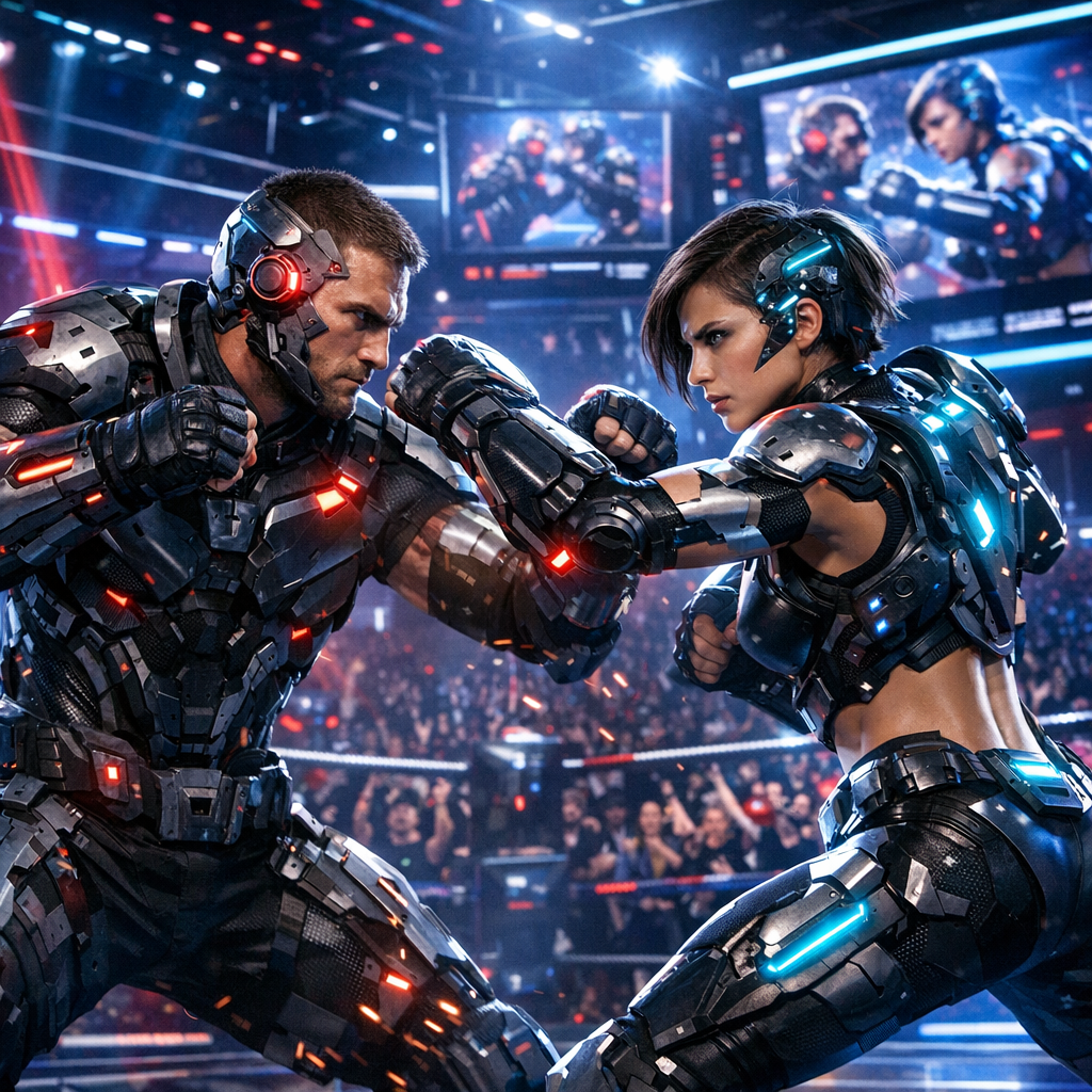 Cyborg December fight with futuristic fighters in a high-tech arena