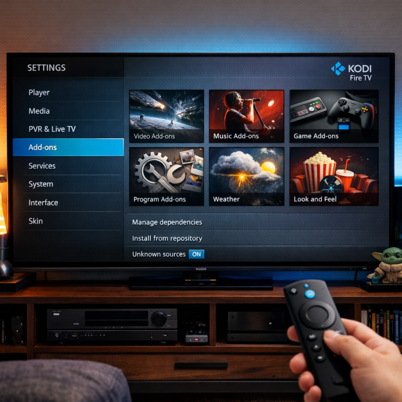 User navigating Kodi on Fire TV device