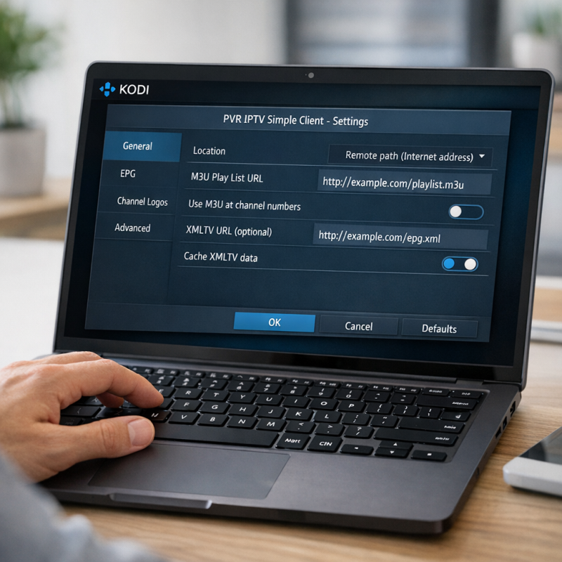 User setting up Kodi IPTV Simple Client on laptop